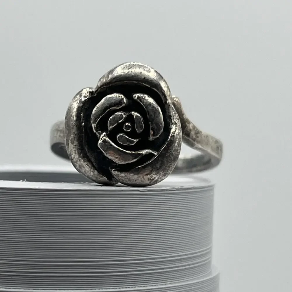 Oxidized Silver 925 Rose Flower Ring Handcrafted Sterling Silver Rose Ring Vntg
